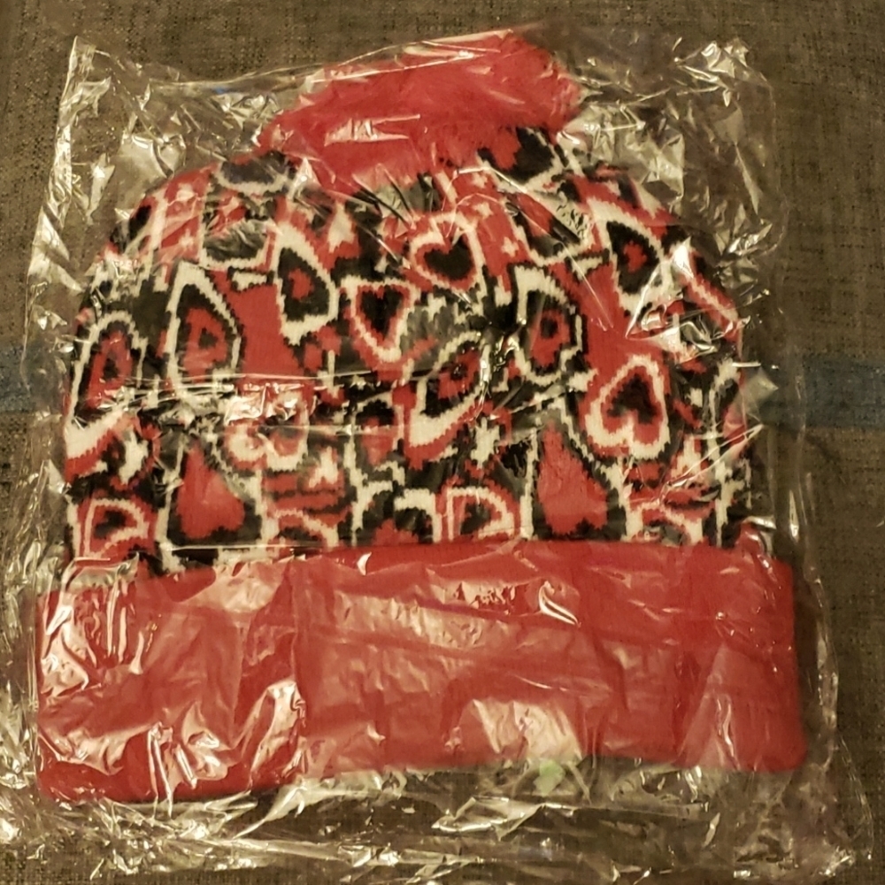 Valentine's Day Red Knit Beanie with Abstract Hearts and a PomPom Trim